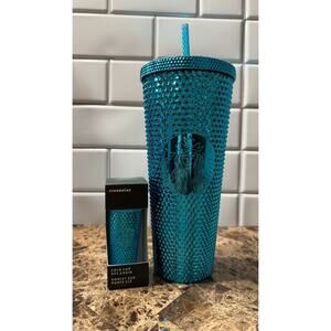 NWT Starbucks Metallic Chrome Teal Blue Studded 24oz Tumbler & Ornament